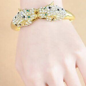 Neiman Marcus Gold  Rhinestone Twin Jaguar Cuff Bangle Bracelet